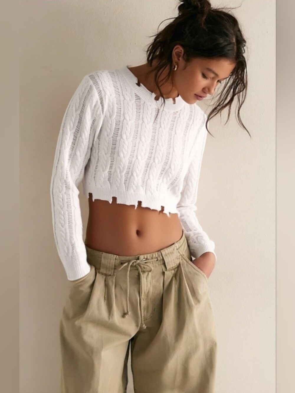 NWT Commense White Cropped Tatter Sweater